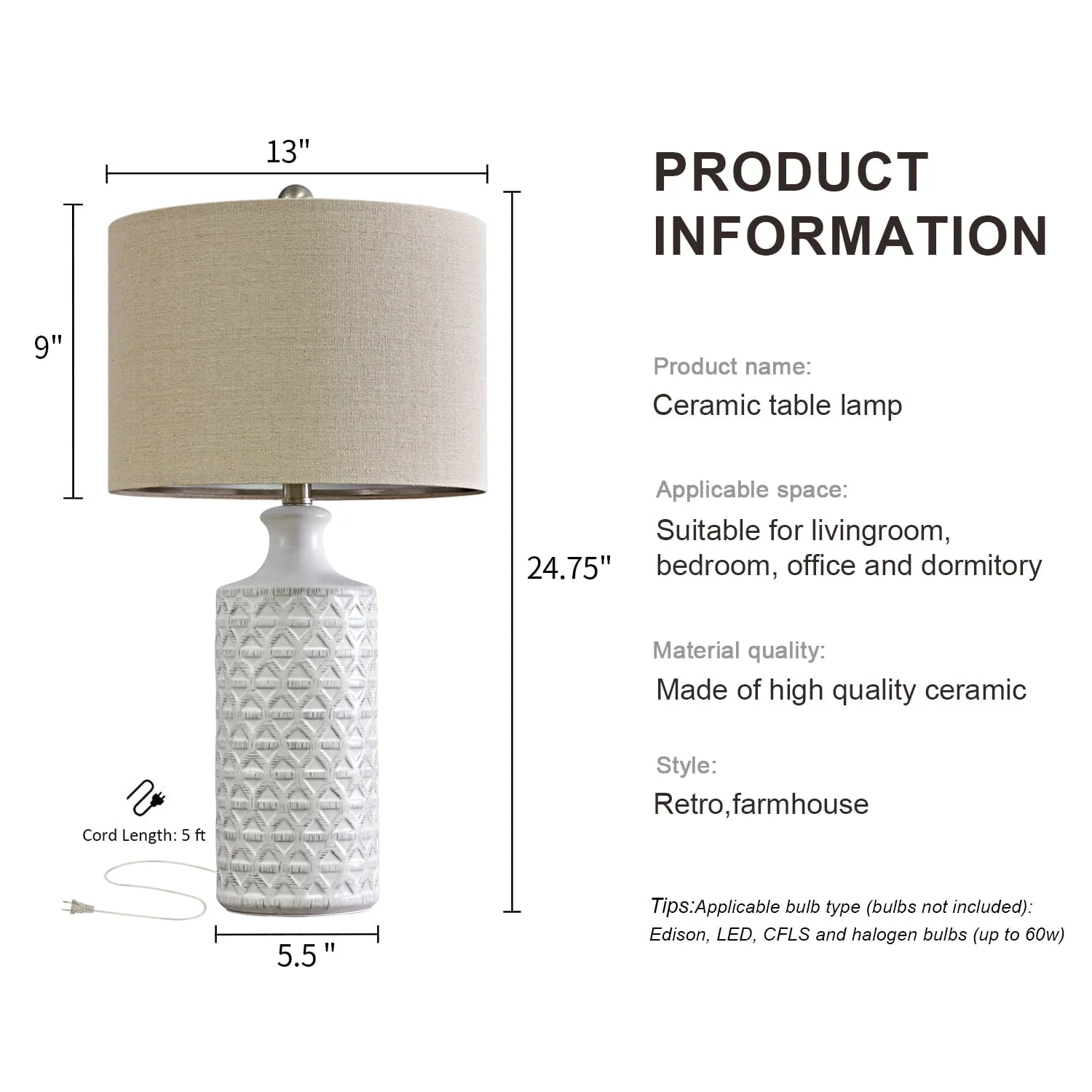 Oneach Ceramic Table Lamps for Living Room 24.75" Modern Farmhouse Bedside Nightstand Lamp Set of 2 for Bedroom