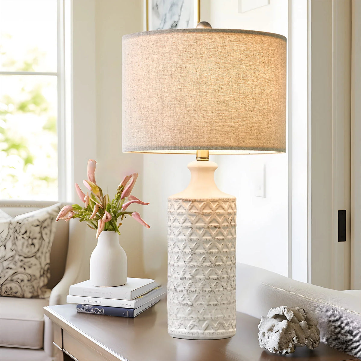 Oneach Ceramic Table Lamps for Living Room 24.75" Modern Farmhouse Bedside Nightstand Lamp Set of 2 for Bedroom